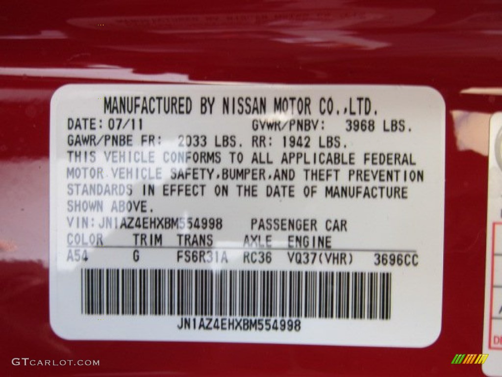 2011 370Z Color Code A54 for Solid Red Photo #53578744