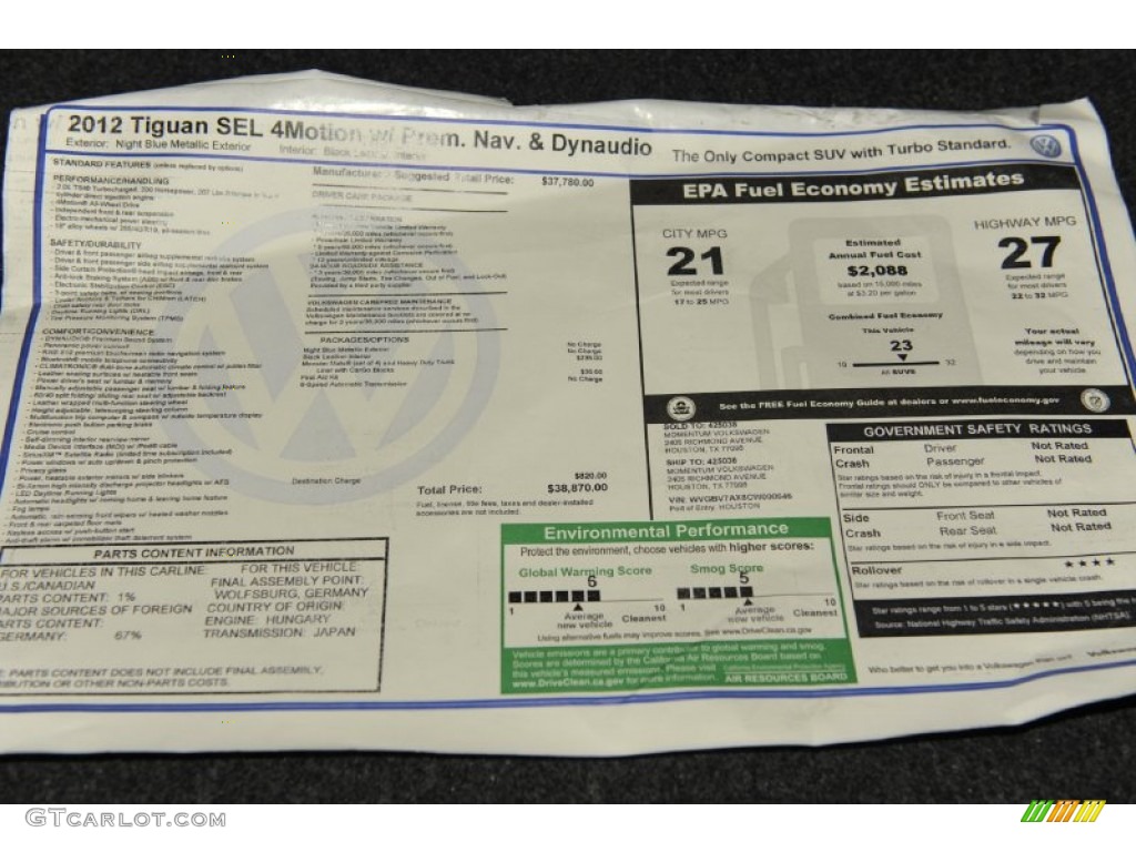 2012 Volkswagen Tiguan SEL 4Motion Window Sticker Photos
