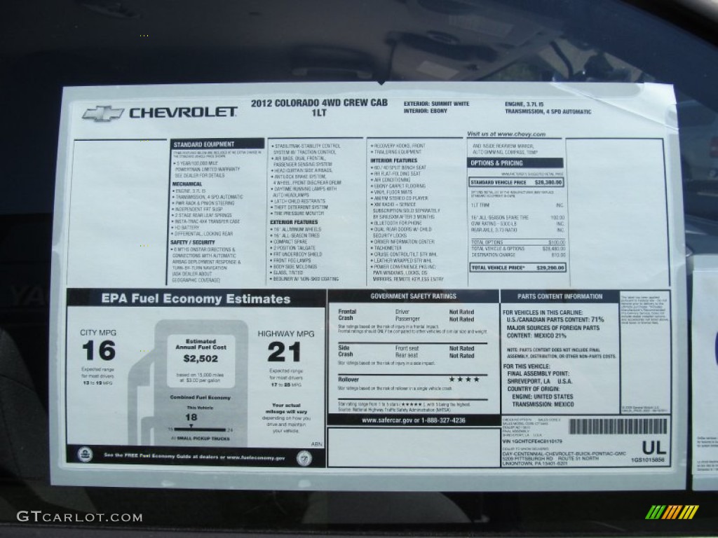 2012 Chevrolet Colorado LT Crew Cab 4x4 Window Sticker Photo #53594712