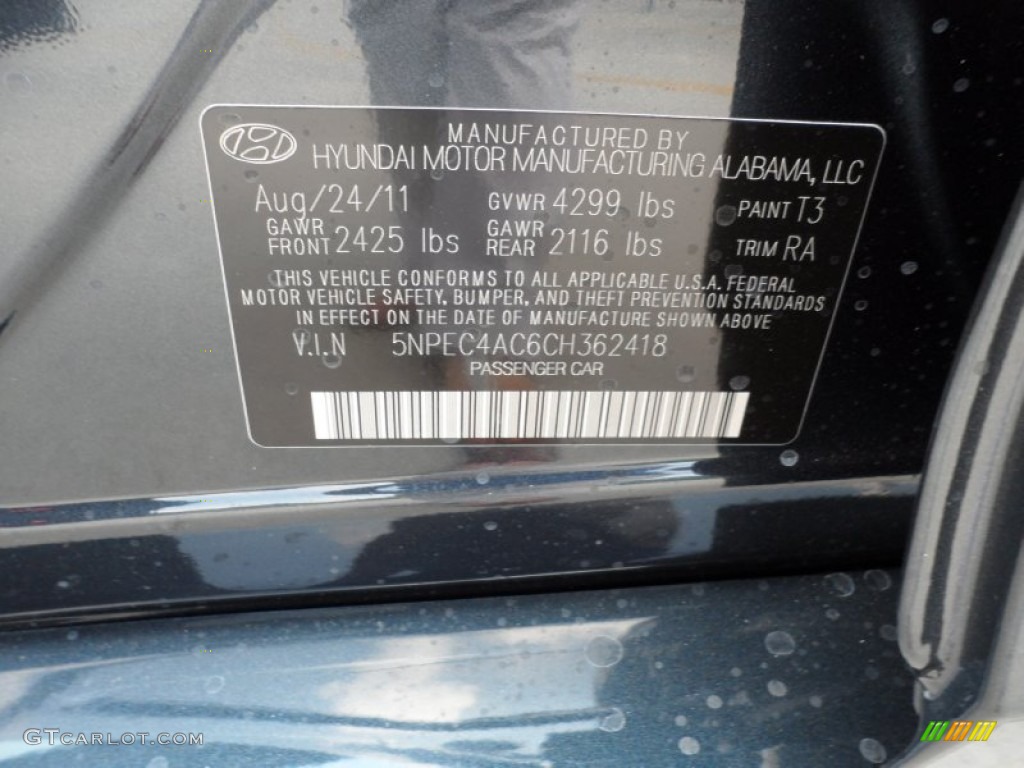 2012 Sonata Color Code T3 for Pacific Blue Pearl Photo #53612988