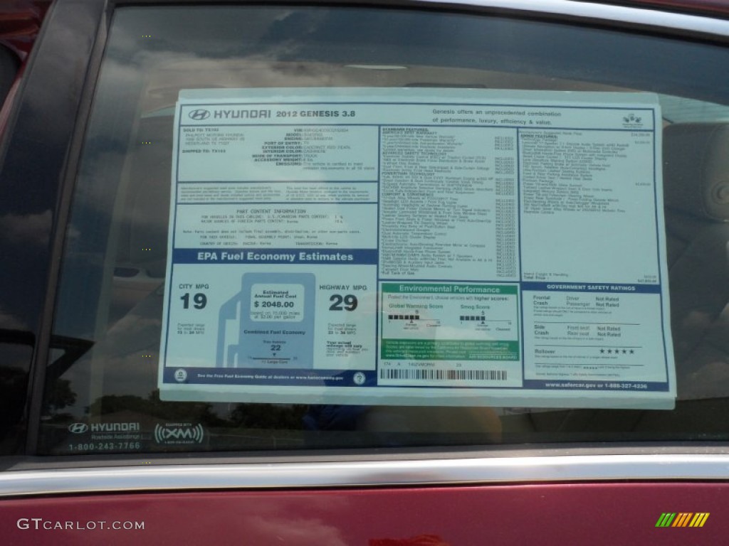 2012 Hyundai Genesis 3.8 Sedan Window Sticker Photo #53616437