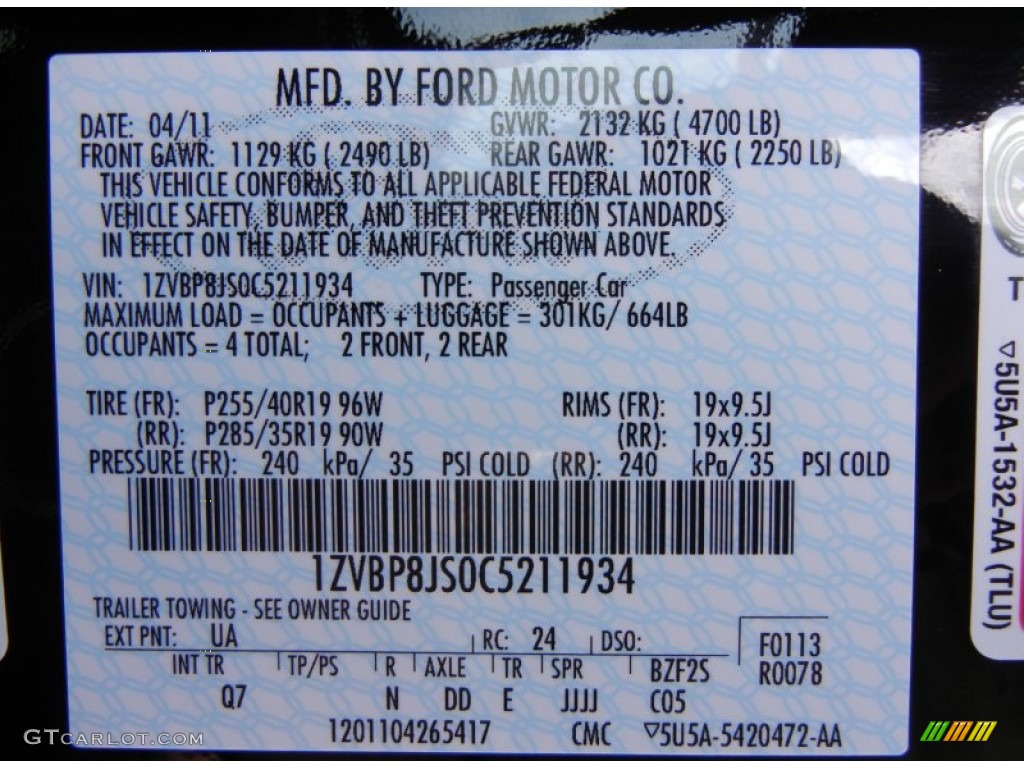 2012 Mustang Color Code UA for Black Photo #53624990