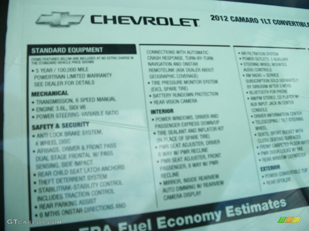 2012 Chevrolet Camaro LT/RS Convertible Window Sticker Photo #53632205