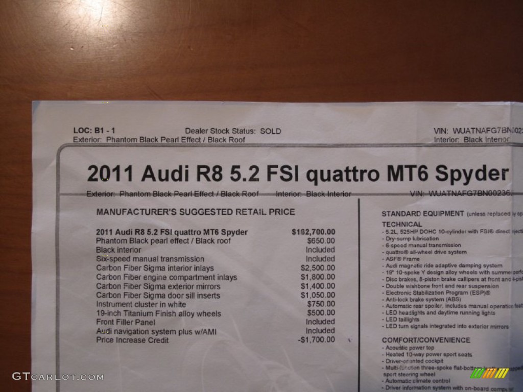 2011 Audi R8 Spyder 5.2 FSI quattro Window Sticker Photo #53633234