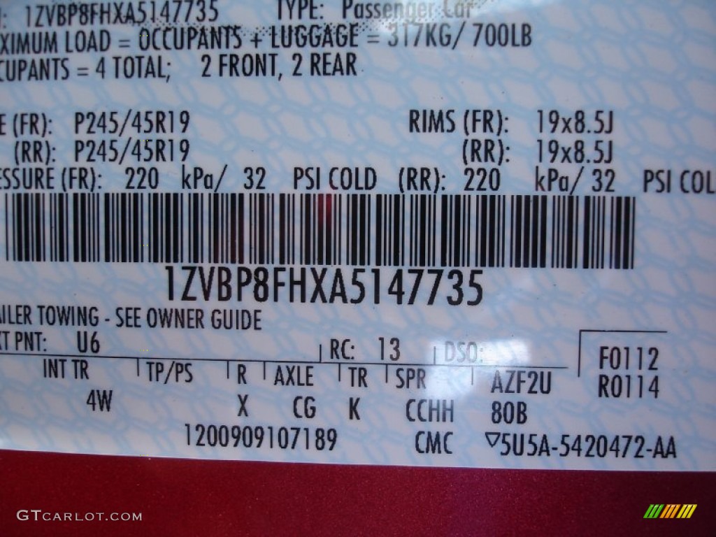 2010 Mustang Color Code U6 for Red Candy Metallic Photo #53638167