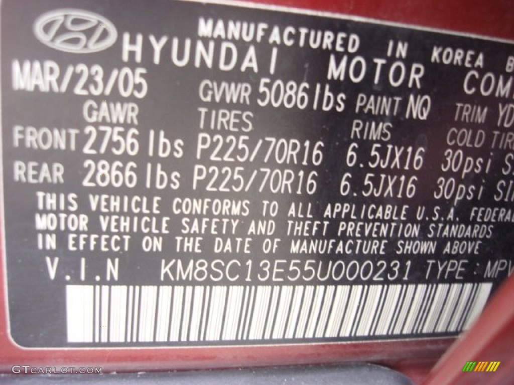 2005 Hyundai Santa Fe LX 3.5 Color Code Photos