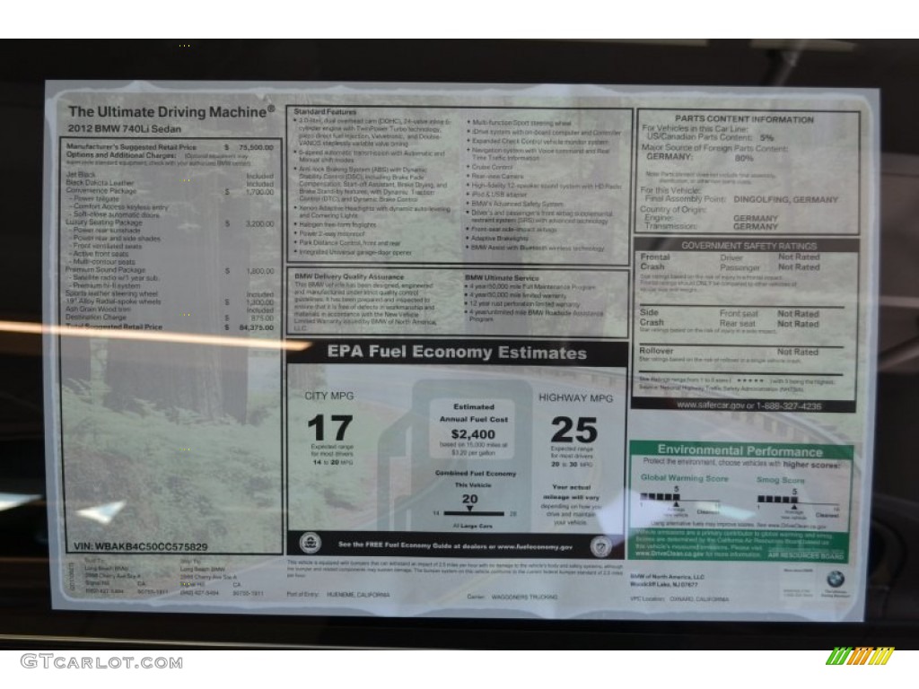 2012 BMW 7 Series 740Li Sedan Window Sticker Photo #53661080