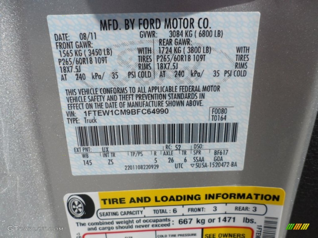 2011 F150 Color Code UX for Ingot Silver Metallic Photo #53673829