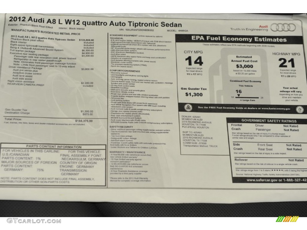 2012 Audi A8 L W12 6.3 Window Sticker Photo #53680131