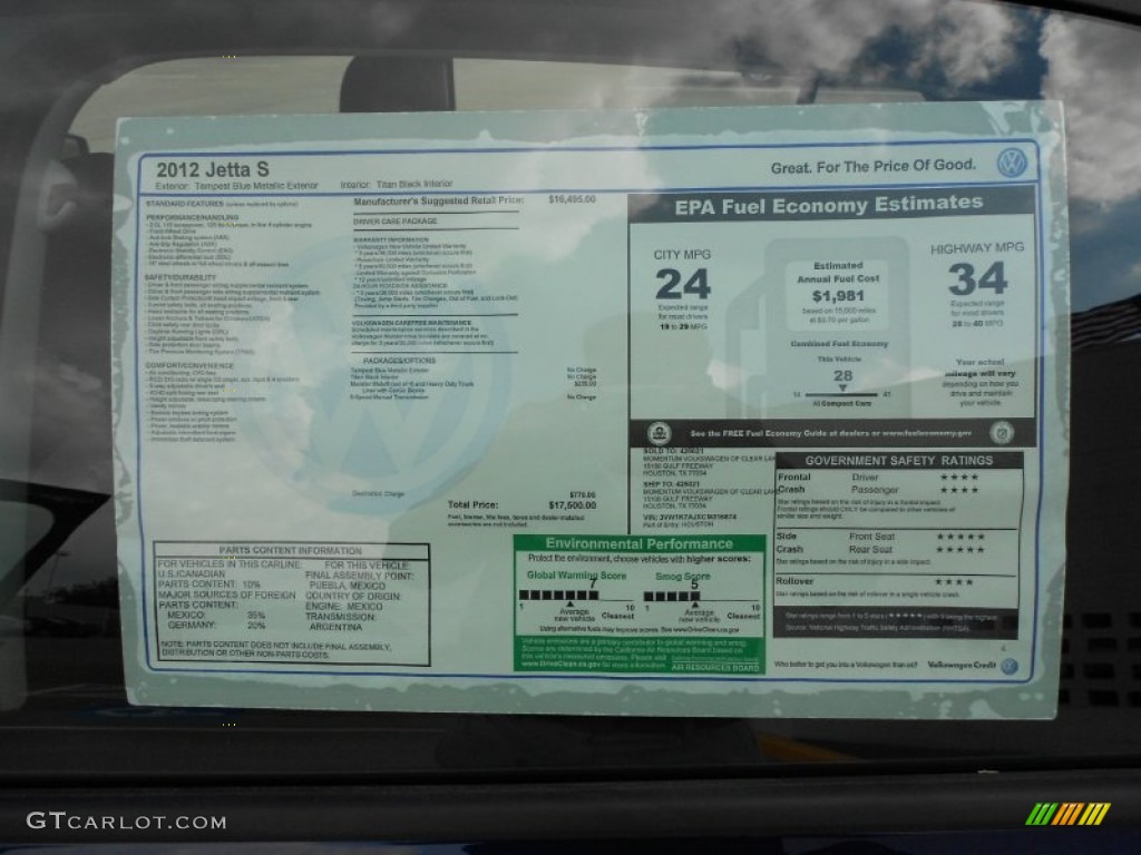 2012 Volkswagen Jetta S Sedan Window Sticker Photo #53700711