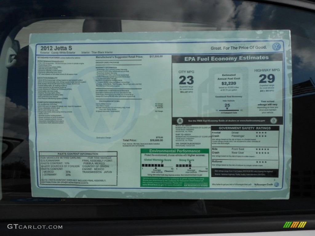 2012 Volkswagen Jetta S Sedan Window Sticker Photo #53700837
