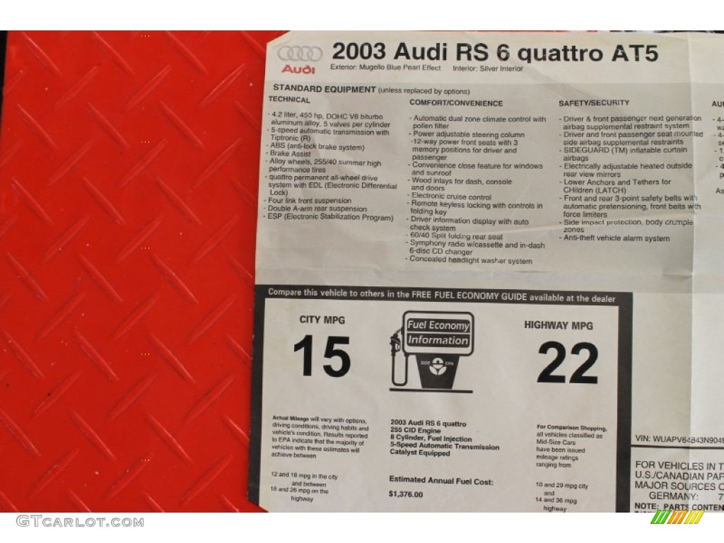 2003 Audi RS6 4.2T quattro Window Sticker Photo #53710800