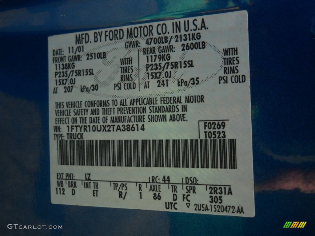 2002 Ranger Color Code LZ for Bright Island Blue Metallic Photo #53736030