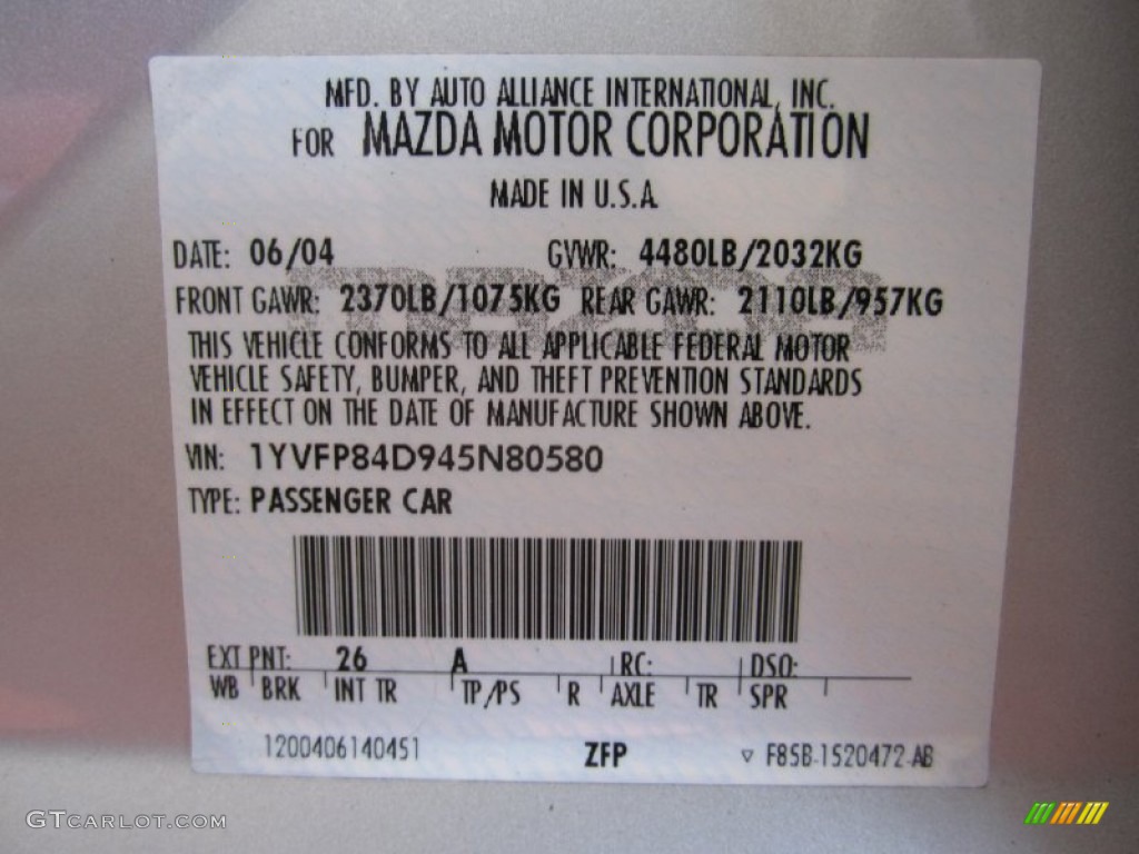2004 MAZDA6 Color Code 26A for Glacier Silver Metallic Photo #53737062