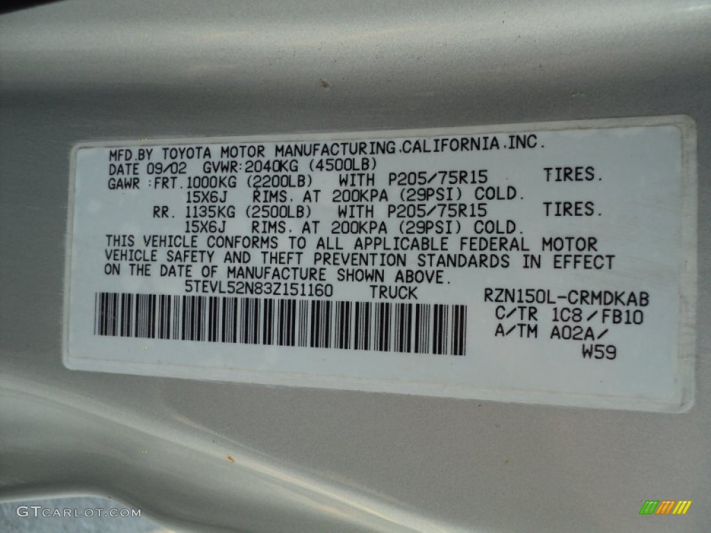 2003 Tacoma Color Code 1C8 for Lunar Mist Silver Metallic Photo #53739828