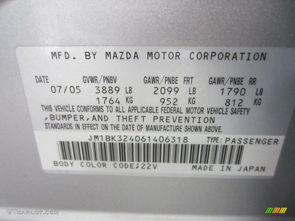 2006 MAZDA3 Color Code 22V for Sunlight Silver Metallic Photo #53766557