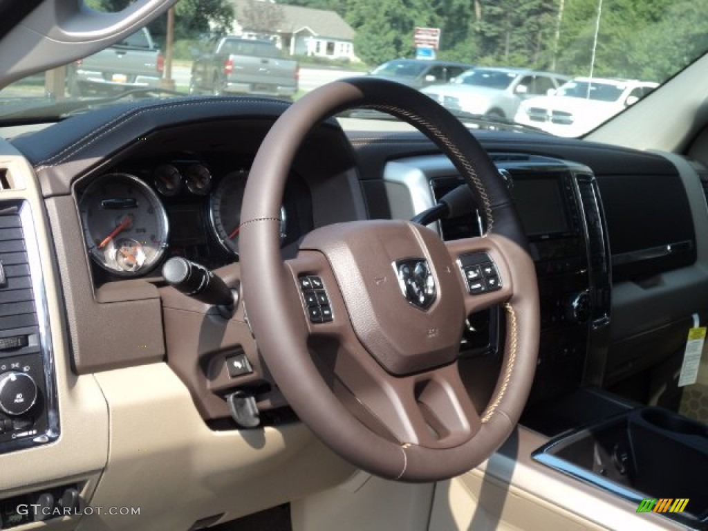 2012 Dodge Ram 3500 HD Laramie Longhorn Crew Cab 4x4 Dually Light Pebble Beige/Bark Brown Steering Wheel Photo #53776957