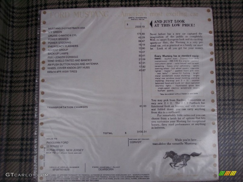 1965 Ford Mustang Coupe Window Sticker Photos