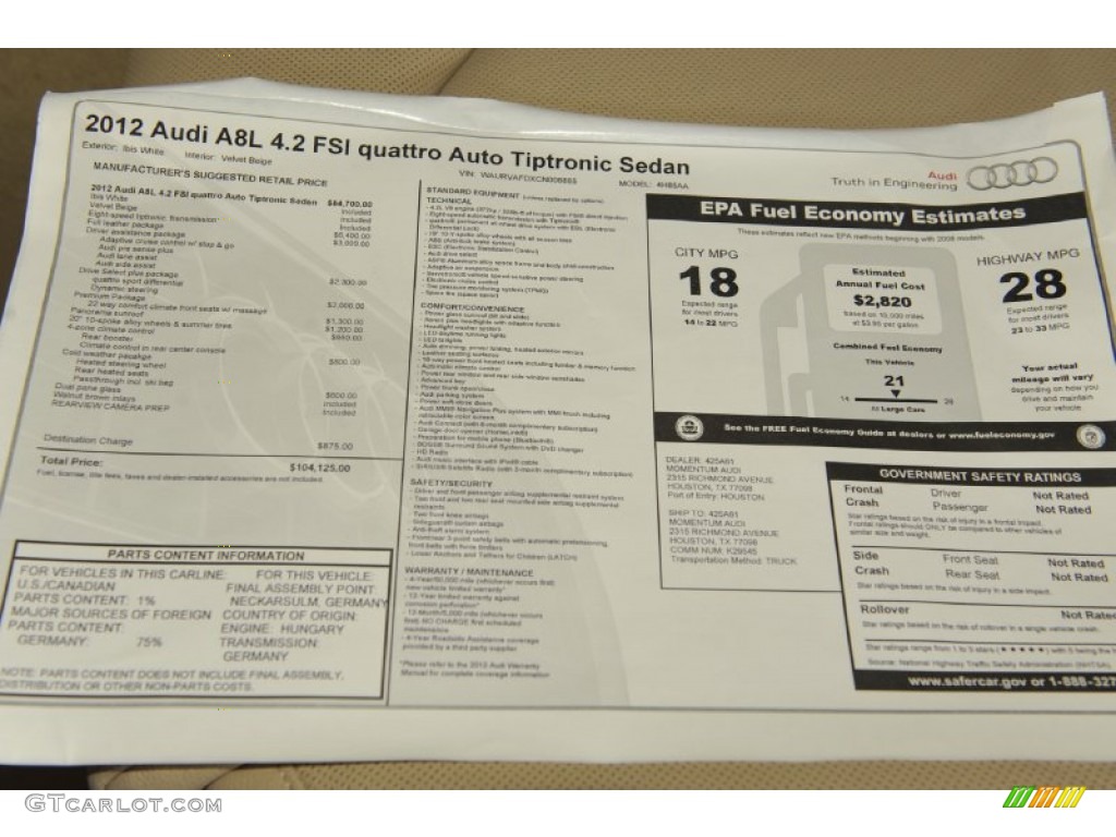2012 Audi A8 L 4.2 quattro Window Sticker Photo #53813134