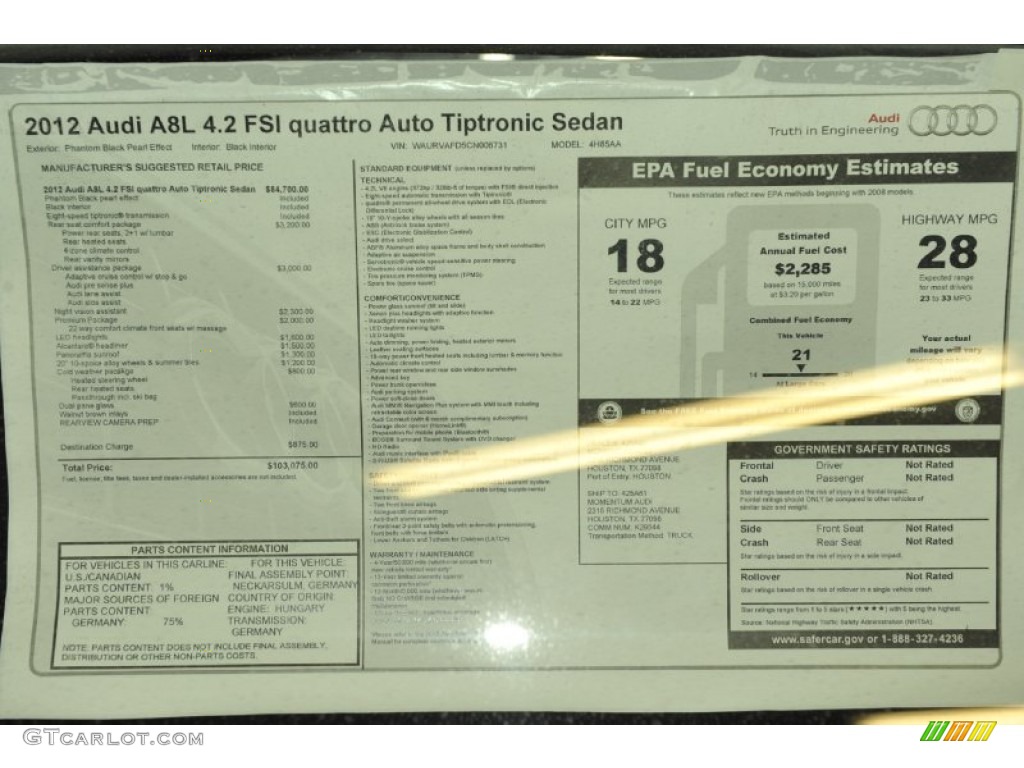 2012 Audi A8 L 4.2 quattro Window Sticker Photo #53813557