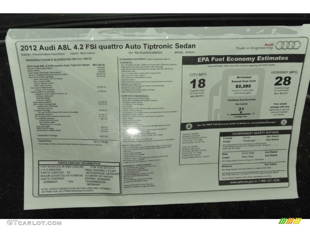 2012 Audi A8 L 4.2 quattro Window Sticker Photo #53813914