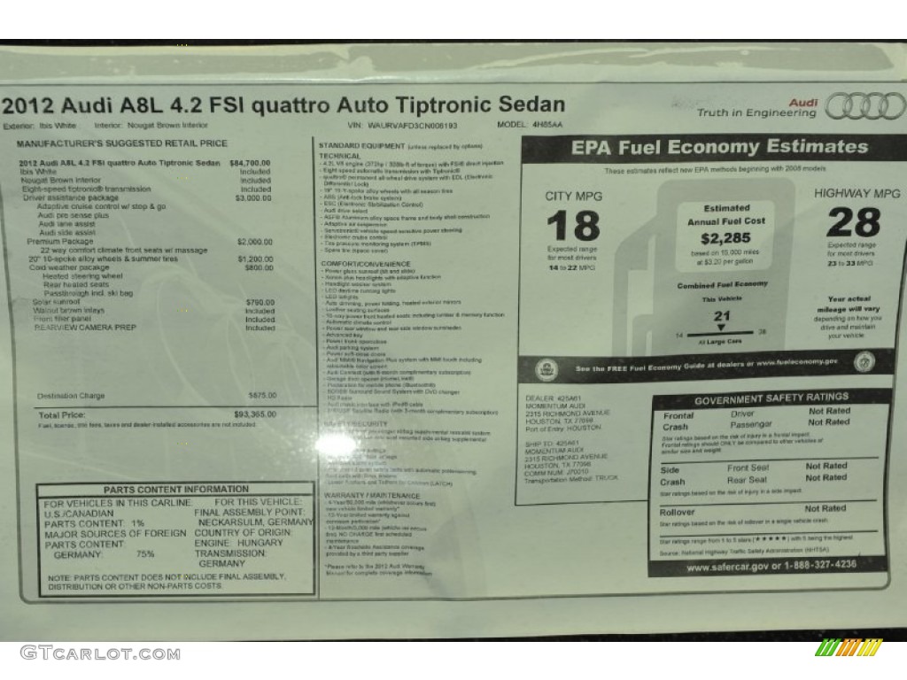2012 Audi A8 L 4.2 quattro Window Sticker Photo #53814268