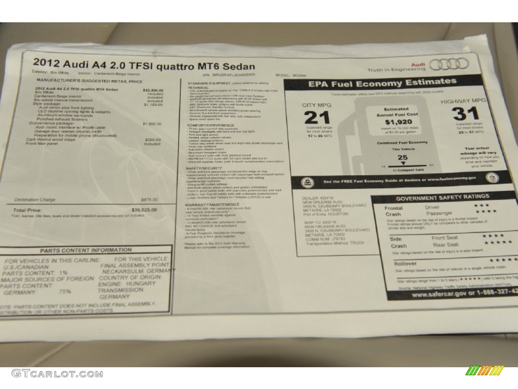 2012 Audi A4 2.0T quattro Sedan Window Sticker Photo #53814490