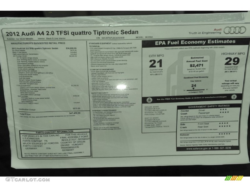 2012 Audi A4 2.0T quattro Sedan Window Sticker Photo #53814772