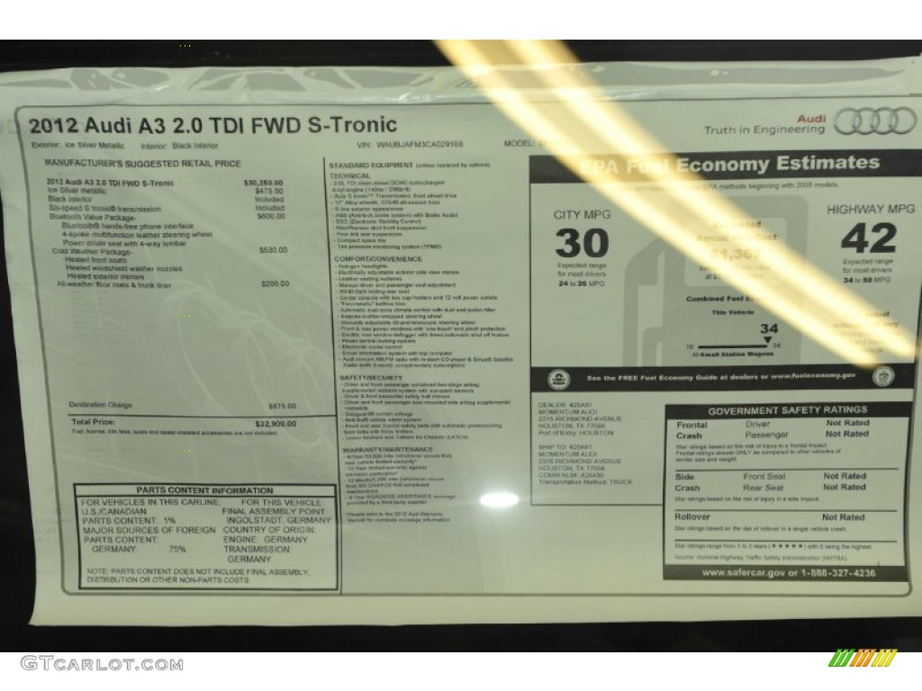 2012 Audi A3 2.0 TDI Window Sticker Photo #53815006