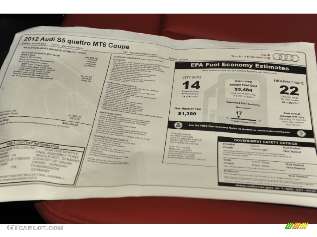 2012 Audi S5 4.2 FSI quattro Coupe Window Sticker Photo #53815899