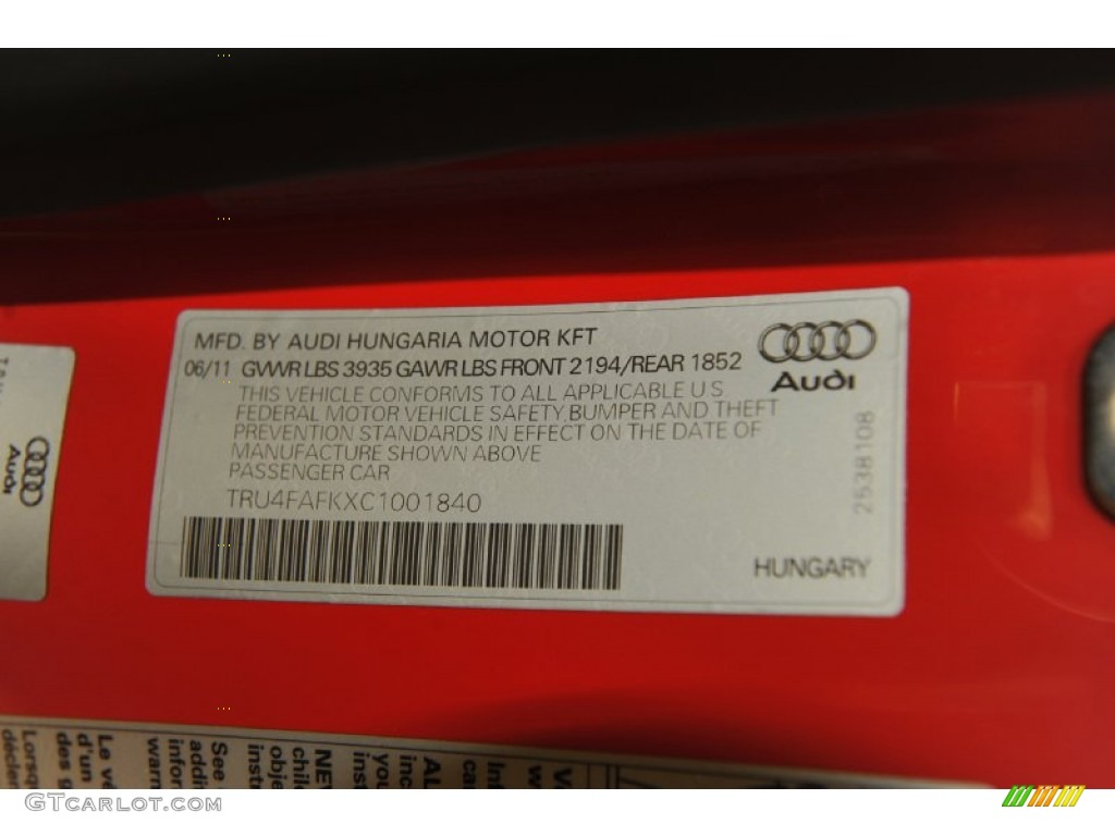 2012 Audi TT 2.0T quattro Roadster Info Tag Photo #53816108