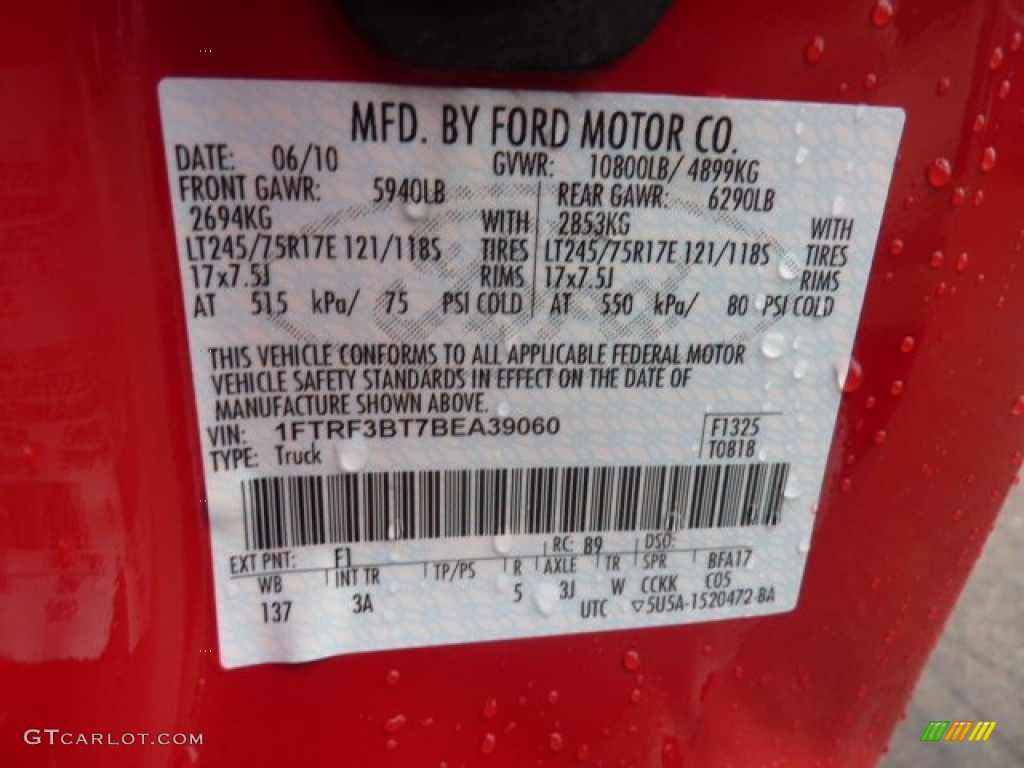 2011 F350 Super Duty Color Code F1 for Vermillion Red Photo #53827492