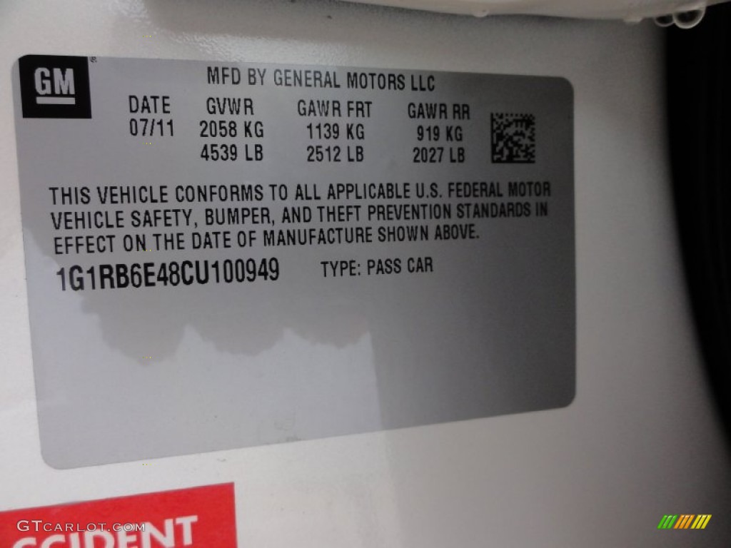 2012 Chevrolet Volt Hatchback Info Tag Photo #53838841