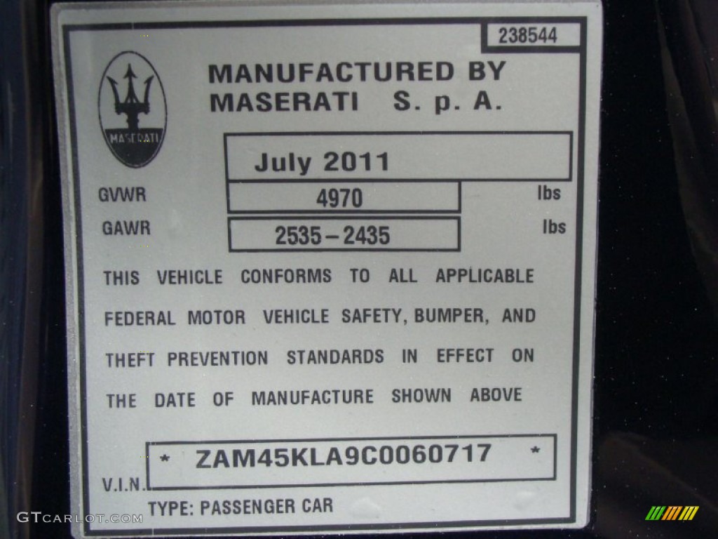 2012 Maserati GranTurismo S Automatic Info Tag Photo #53846592