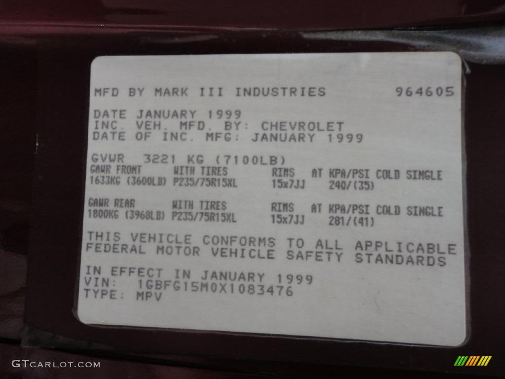 1999 Chevrolet Express 1500 Passenger Conversion Van Info Tag Photos