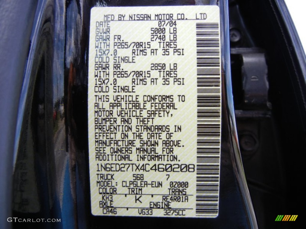 2004 Nissan Frontier XE V6 Crew Cab Color Code Photos