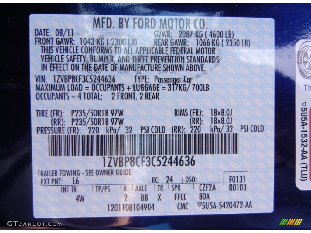 2012 Mustang Color Code L6 for Kona Blue Metallic Photo #53862235