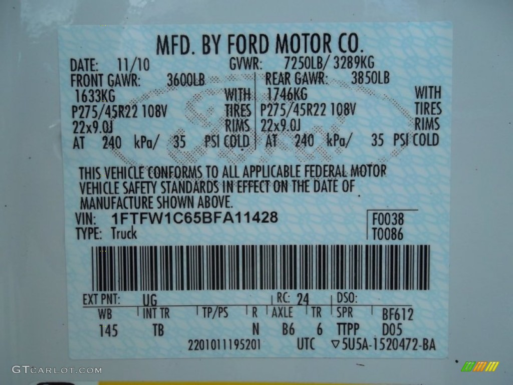 2011 Ford F150 Limited SuperCrew Color Code Photos