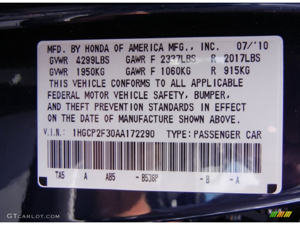 2010 Accord Color Code B536P for Royal Blue Pearl Photo #53877341