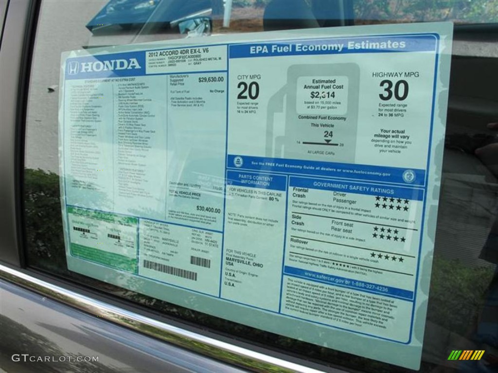 2012 Honda Accord EX-L V6 Sedan Window Sticker Photo #53881844