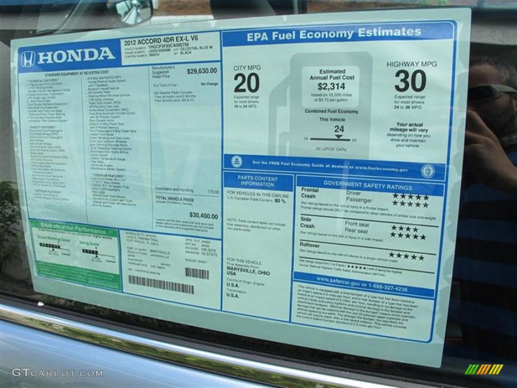 2012 Honda Accord EX-L V6 Sedan Window Sticker Photo #53881934