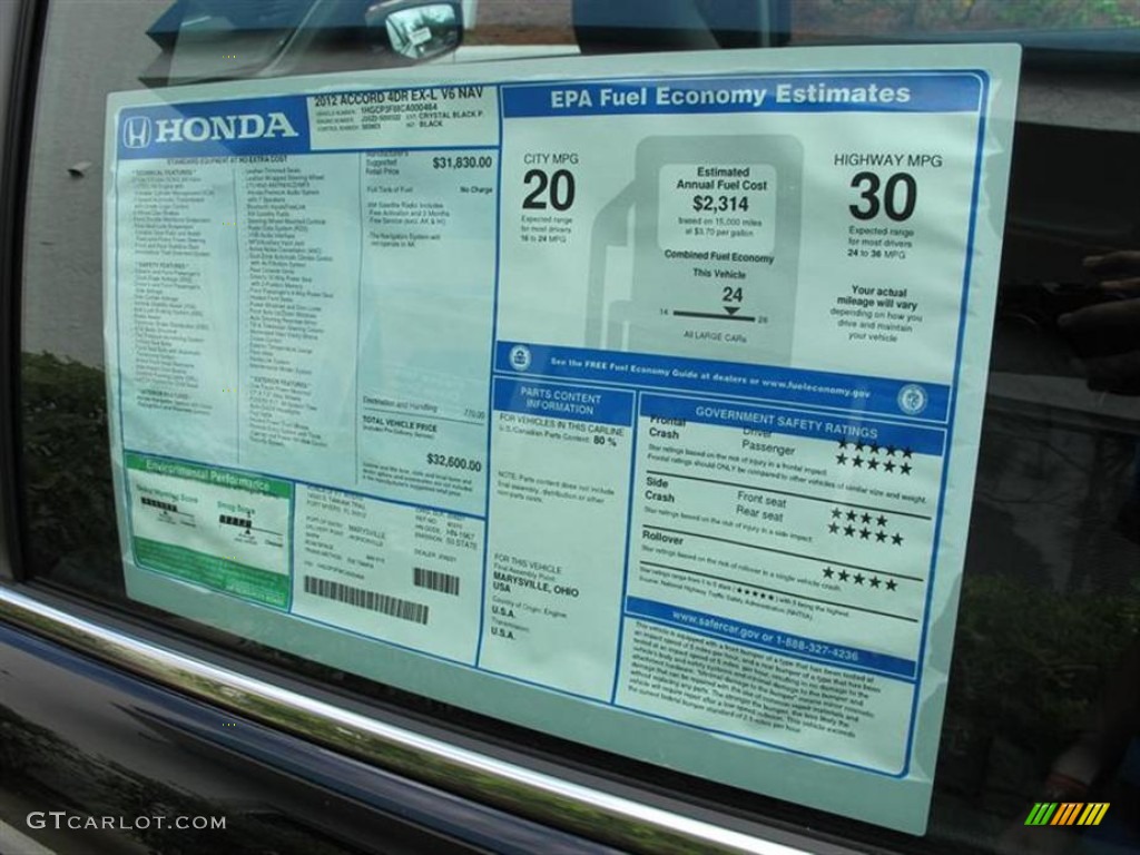 2012 Honda Accord EX-L V6 Sedan Window Sticker Photo #53882108
