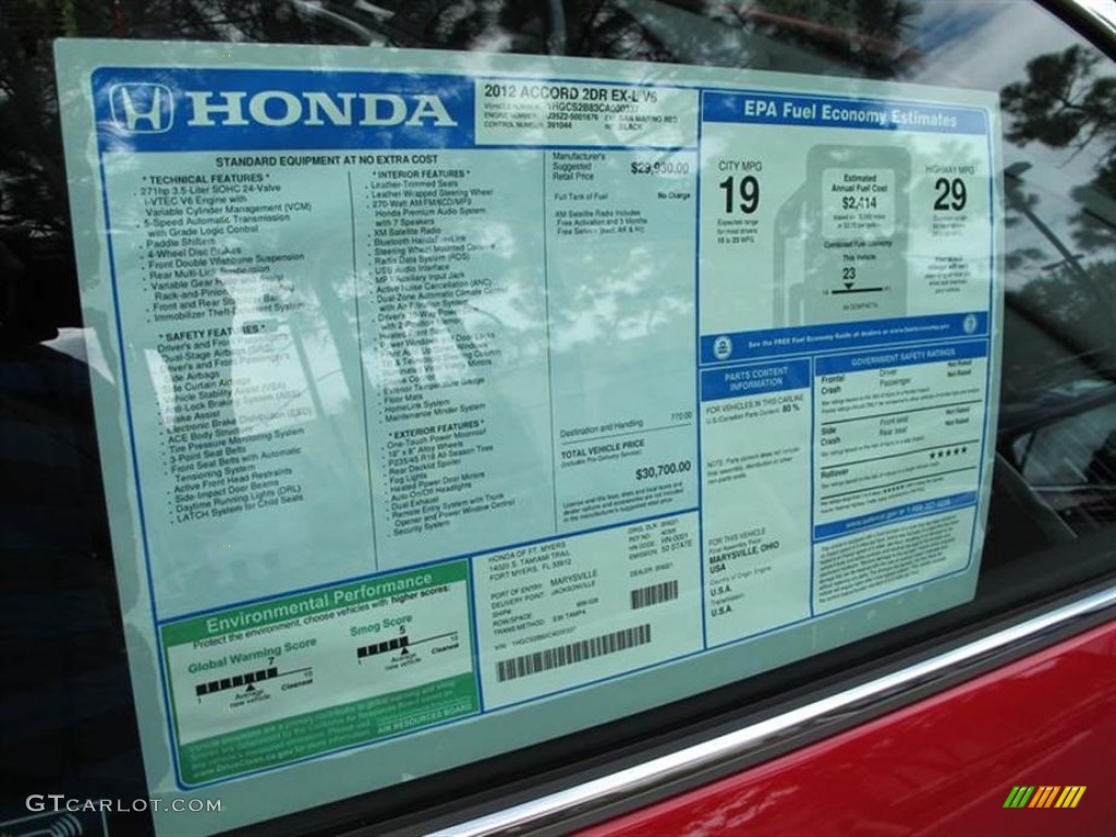 2012 Honda Accord EX-L V6 Coupe Window Sticker Photo #53882204