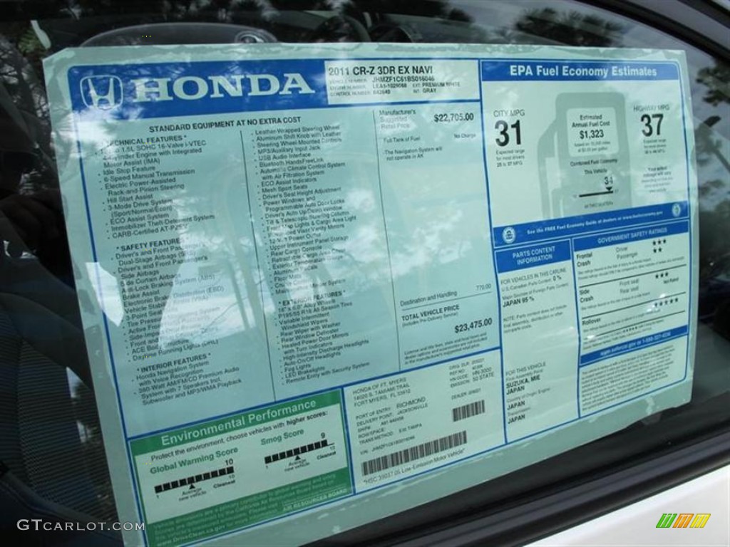 2011 Honda CR-Z EX Navigation Sport Hybrid Window Sticker Photo #53882387