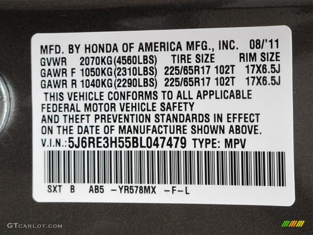 2011 CR-V Color Code YR578MX for Urban Titanium Metallic Photo #53882483