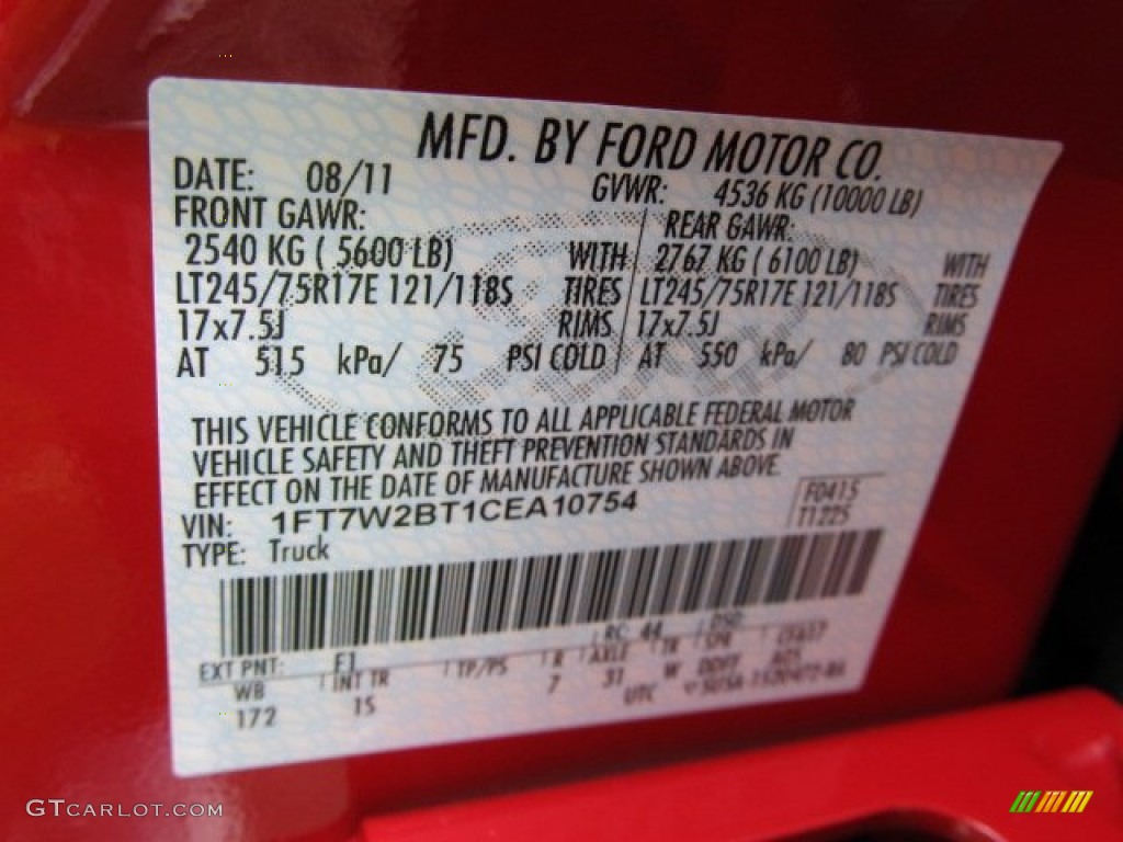 2012 Ford F250 Super Duty XL Crew Cab 4x4 Info Tag Photo #53891219