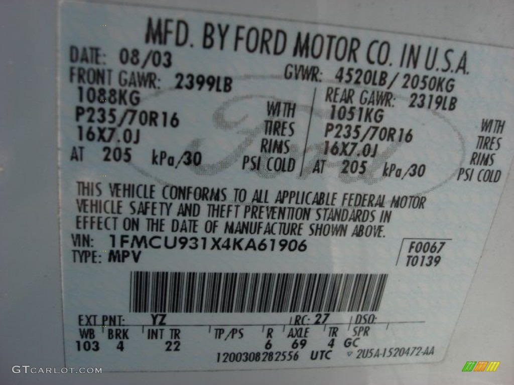 2004 Escape Color Code YZ for Oxford White Photo #53909050