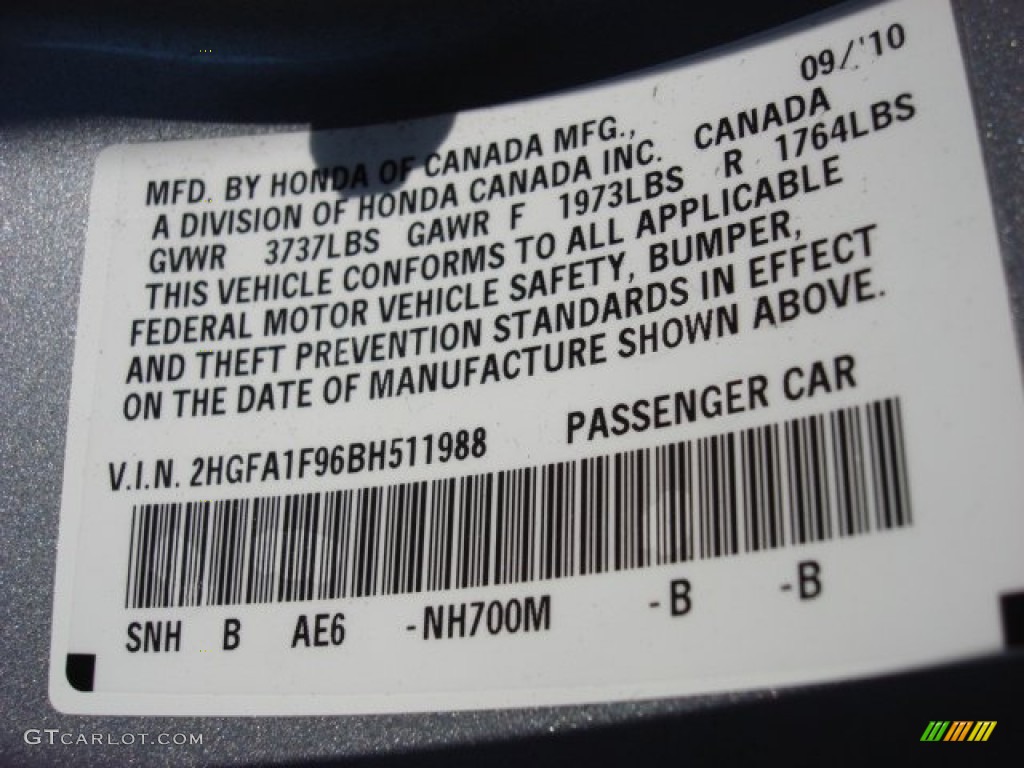2011 Civic Color Code NH700M for Alabaster Silver Metallic Photo #53909659