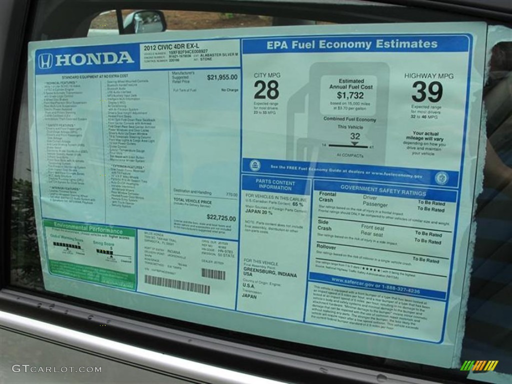 2012 Honda Civic EX-L Sedan Window Sticker Photo #53914243