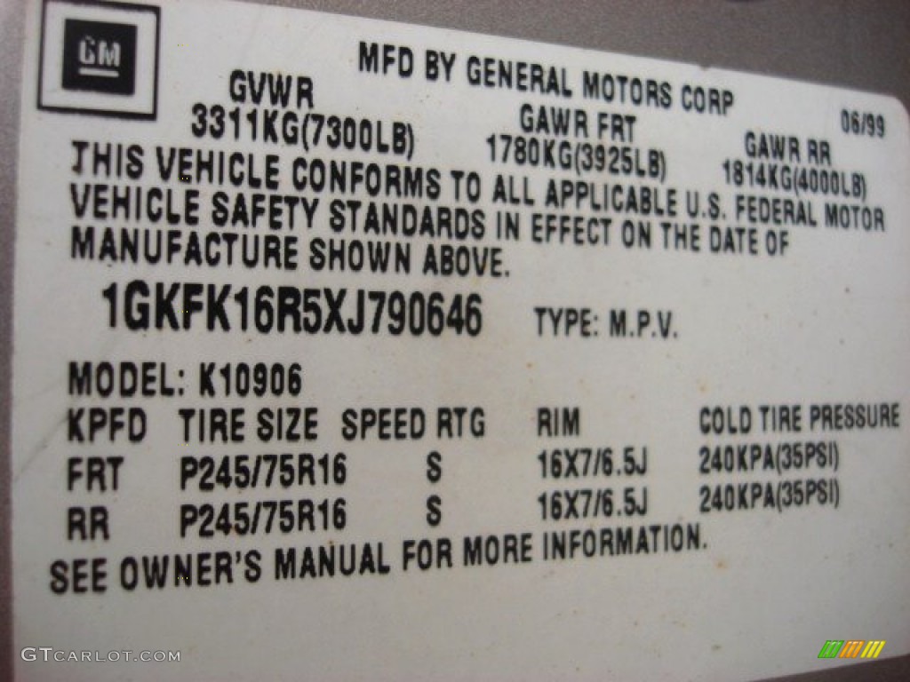 1999 GMC Suburban K1500 SLT 4x4 Info Tag Photos